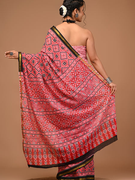 Lovwear Red Chakri Wheel Cotton MulMul Saree with Zari Border - Front View