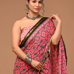 Lovwear Red Chakri Wheel Cotton MulMul Saree with Zari Border - Fabric Texture View
