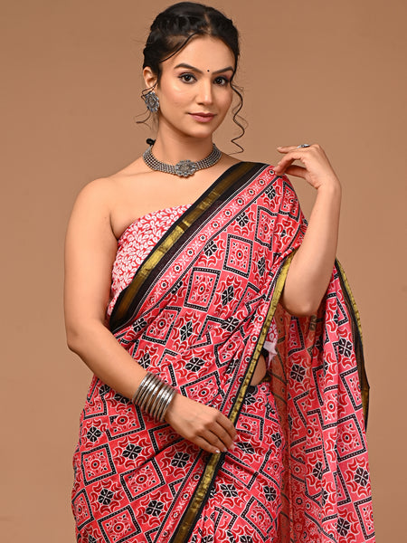 Lovwear Red Chakri Wheel Cotton MulMul Saree with Zari Border - Fabric Texture View