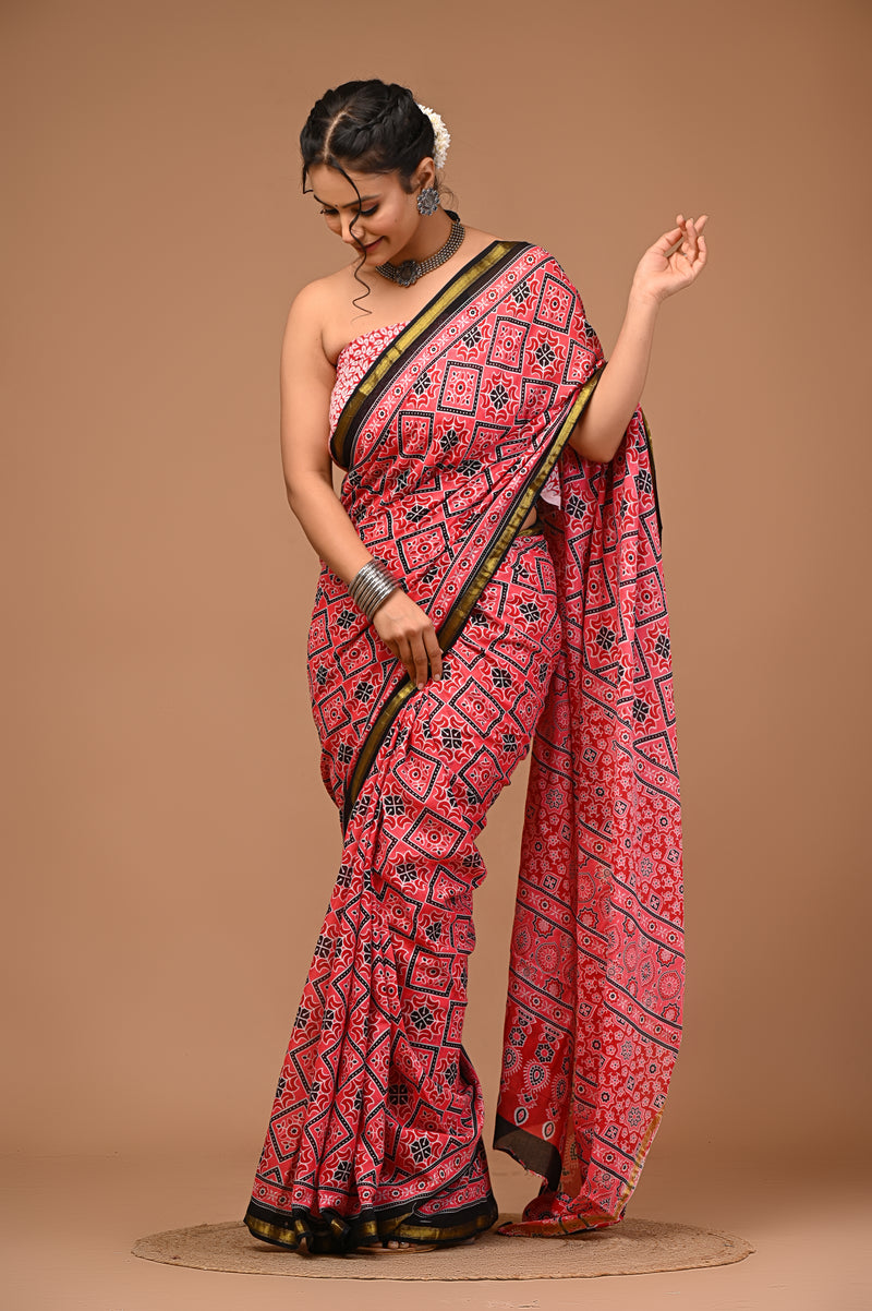 Lovwear Red Chakri Wheel Cotton MulMul Saree with Zari Border - Pleats & Full Length View