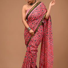 Lovwear Red Chakri Wheel Cotton MulMul Saree with Zari Border - Pleats & Full Length View