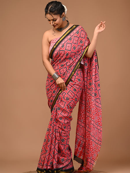 Lovwear Red Chakri Wheel Cotton MulMul Saree with Zari Border - Pleats & Full Length View