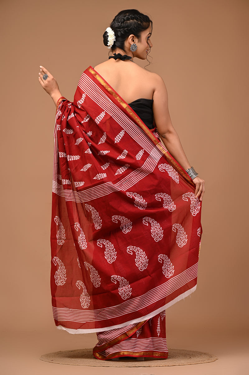 Lovwear Maroon Kantha Work Cotton MulMul Saree with Zari Border - Front View