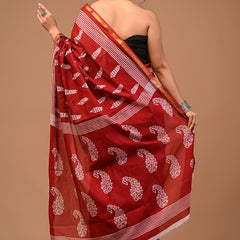 Lovwear Maroon Kantha Work Cotton MulMul Saree with Zari Border - Front View