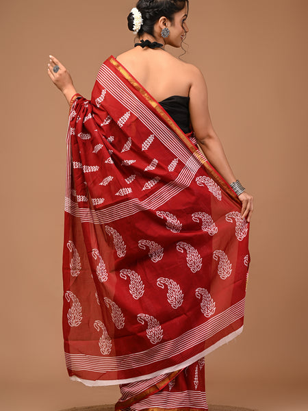 Lovwear Maroon Kantha Work Cotton MulMul Saree with Zari Border - Front View