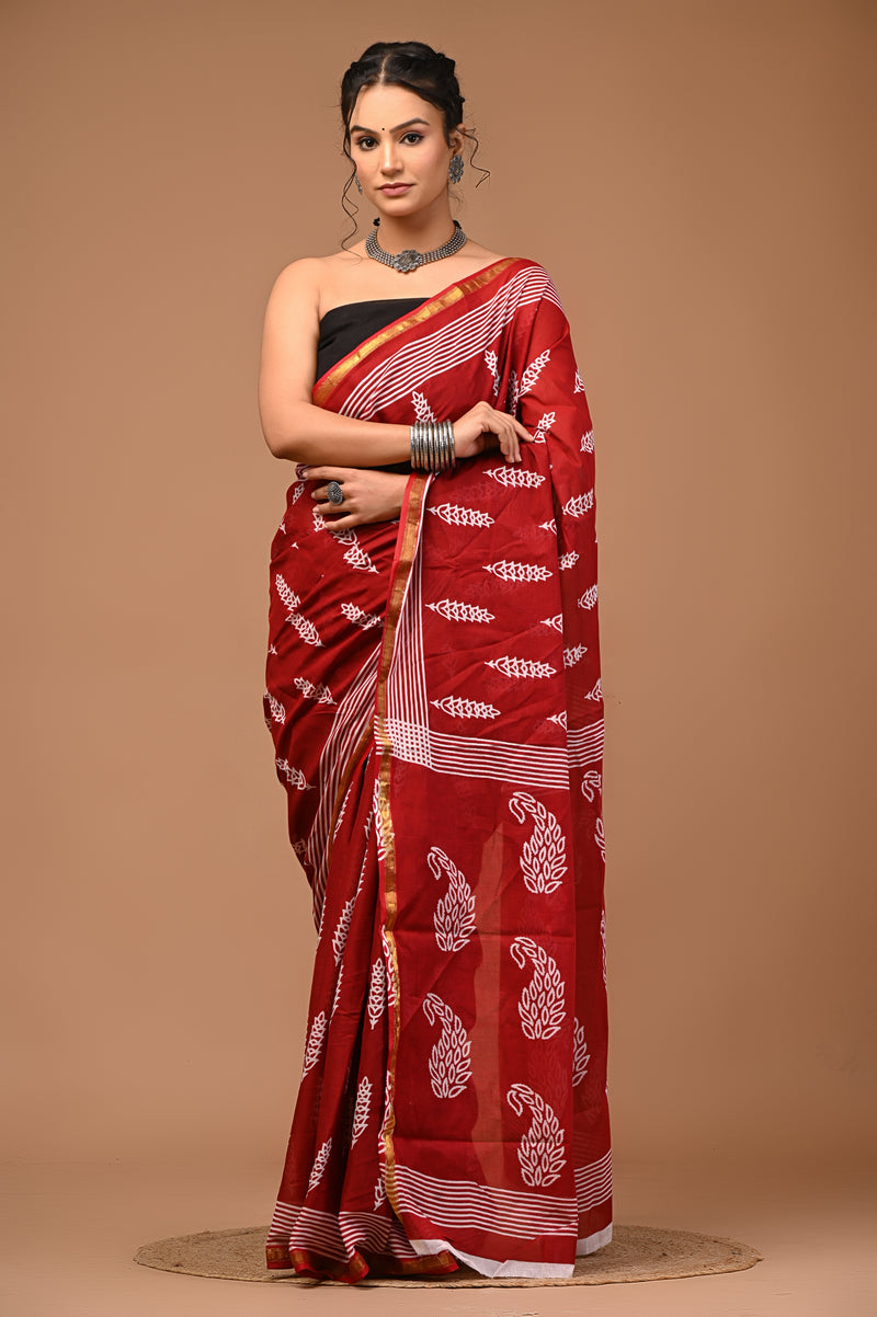 Lovwear Maroon Kantha Work Cotton MulMul Saree with Zari Border - Pallu & Border Detail View