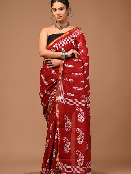 Lovwear Maroon Kantha Work Cotton MulMul Saree with Zari Border - Pallu & Border Detail View