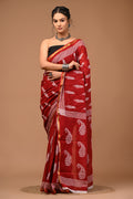 Lovwear Maroon Kantha Work Cotton MulMul Saree with Zari Border