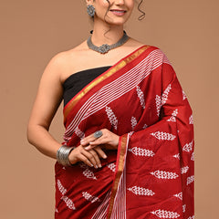 Lovwear Maroon Kantha Work Cotton MulMul Saree with Zari Border - Fabric Texture View
