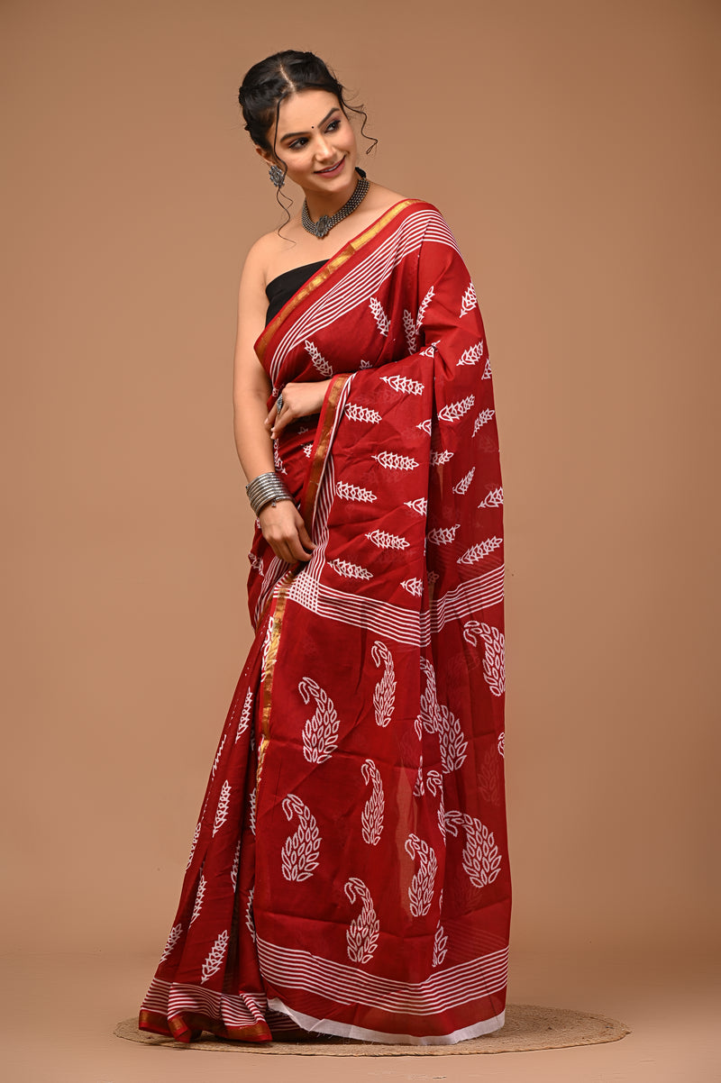 Lovwear Maroon Kantha Work Cotton MulMul Saree with Zari Border - Pleats & Full Length View