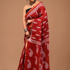 Lovwear Maroon Kantha Work Cotton MulMul Saree with Zari Border - Pleats & Full Length View