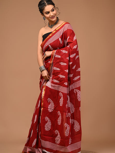 Lovwear Maroon Kantha Work Cotton MulMul Saree with Zari Border - Pleats & Full Length View