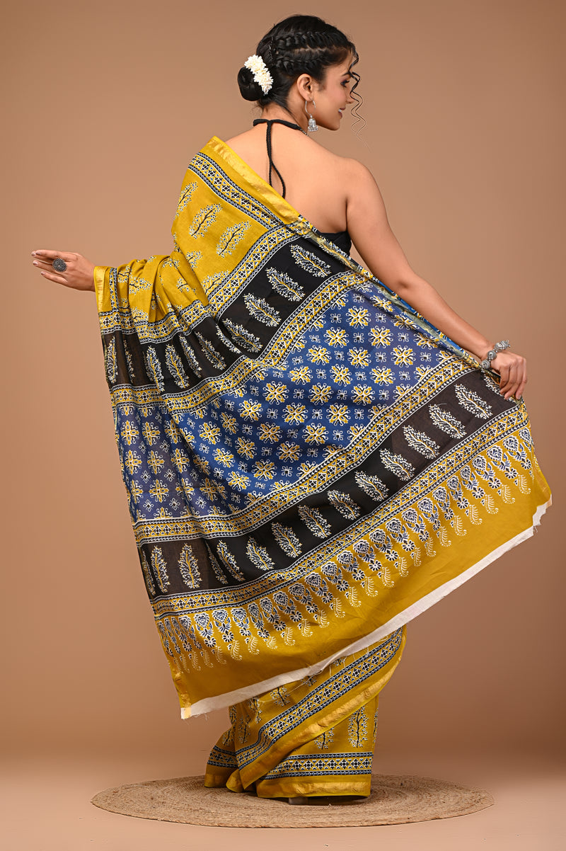 Lovwear Mustard Tree Motif Cotton MulMul Saree with Zari Border - Front View