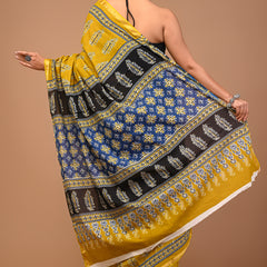Lovwear Mustard Tree Motif Cotton MulMul Saree with Zari Border - Front View