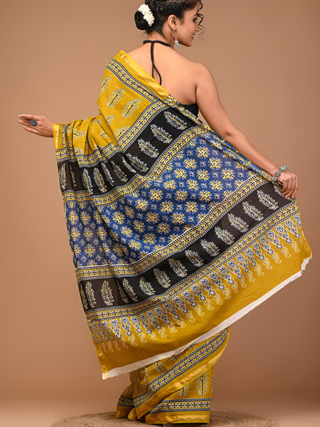 Lovwear Mustard Tree Motif Cotton MulMul Saree with Zari Border - Front View