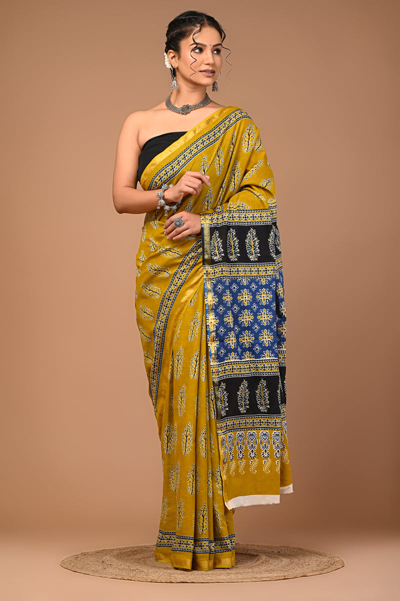 Lovwear Mustard Tree Motif Cotton MulMul Saree with Zari Border - Pallu & Border Detail View