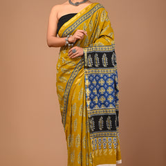 Lovwear Mustard Tree Motif Cotton MulMul Saree with Zari Border - Pallu & Border Detail View