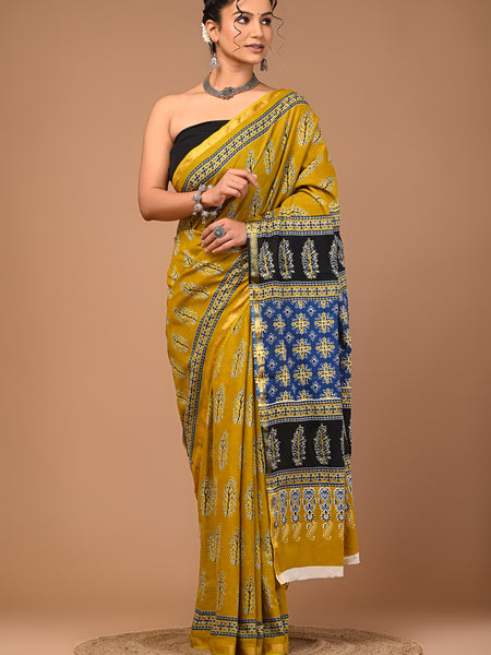 Lovwear Mustard Tree Motif Cotton MulMul Saree with Zari Border - Pallu & Border Detail View