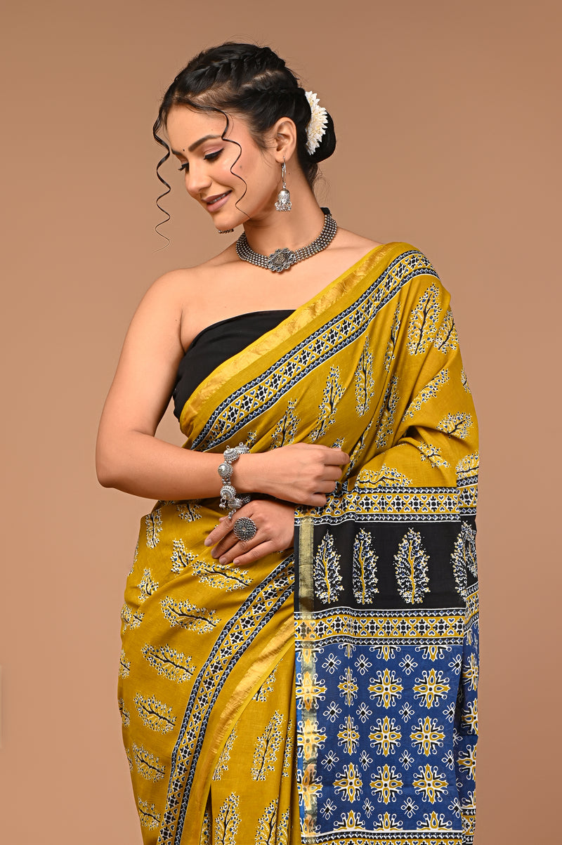 Lovwear Mustard Tree Motif Cotton MulMul Saree with Zari Border - Fabric Texture View