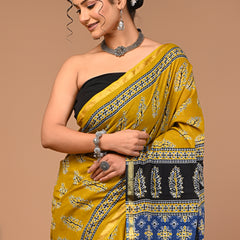Lovwear Mustard Tree Motif Cotton MulMul Saree with Zari Border - Fabric Texture View
