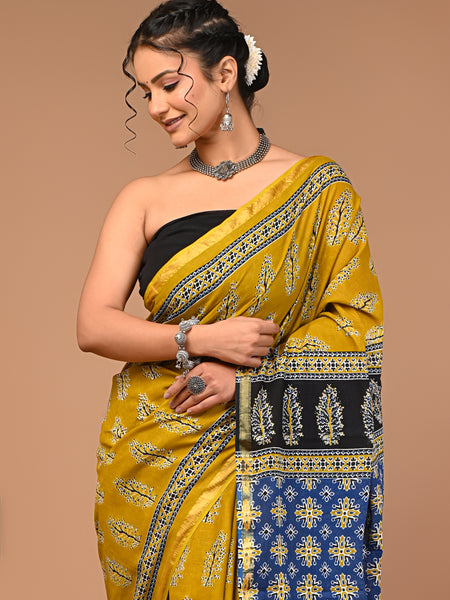 Lovwear Mustard Tree Motif Cotton MulMul Saree with Zari Border - Fabric Texture View