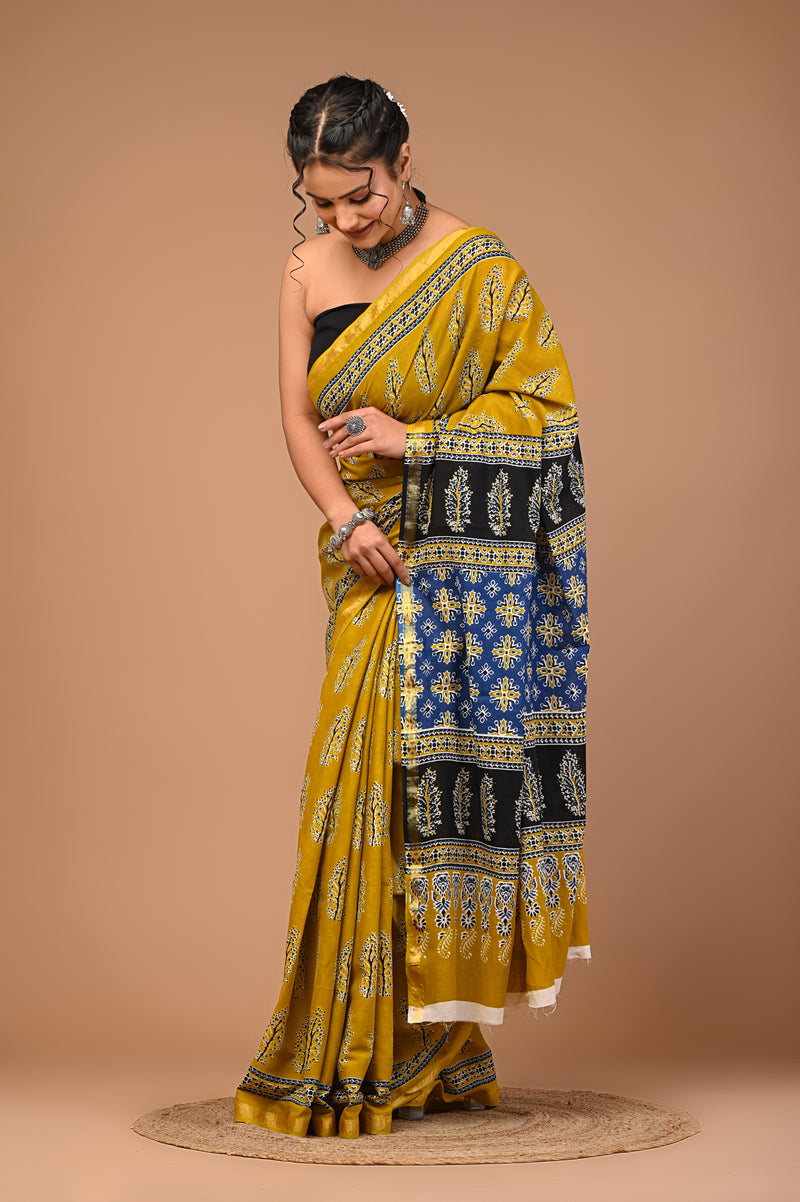 Lovwear Mustard Tree Motif Cotton MulMul Saree with Zari Border - Pleats & Full Length View