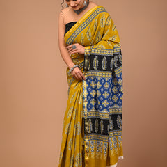 Lovwear Mustard Tree Motif Cotton MulMul Saree with Zari Border - Pleats & Full Length View