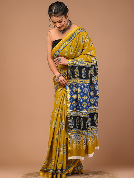 Lovwear Mustard Tree Motif Cotton MulMul Saree with Zari Border - Pleats & Full Length View