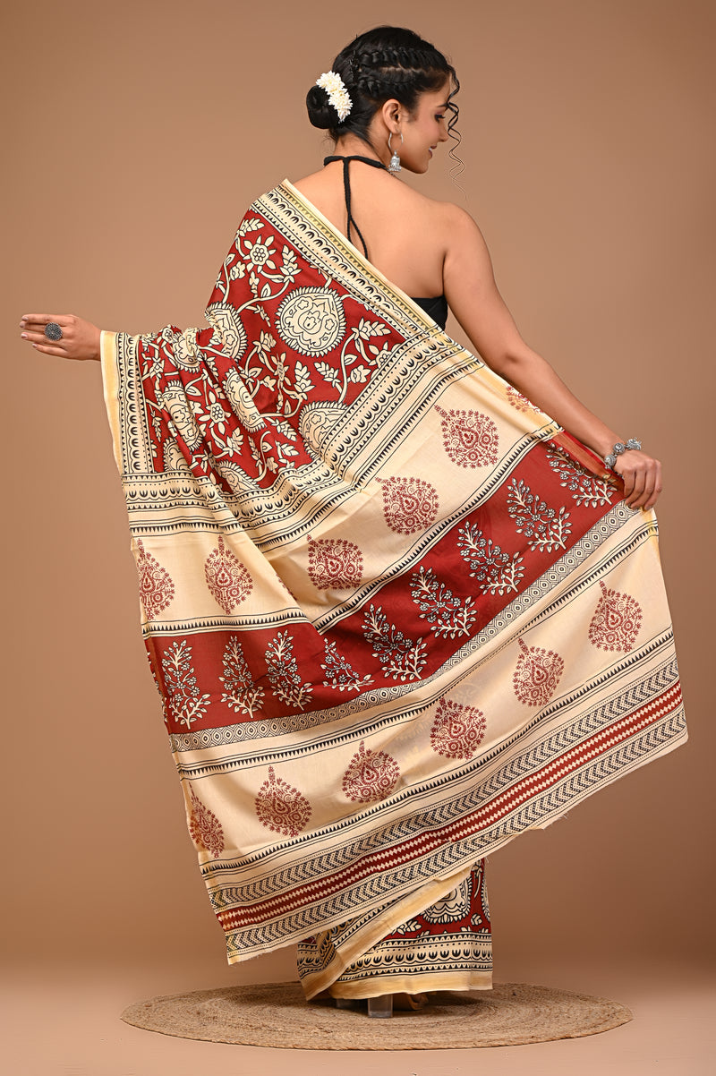 Lovwear Maroon & Cream Multi Floral Cotton MulMul Saree with Zari Border - Front View