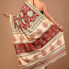 Lovwear Maroon & Cream Multi Floral Cotton MulMul Saree with Zari Border - Front View
