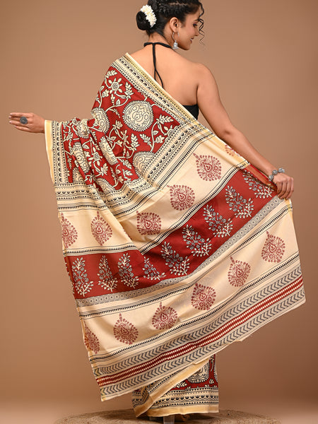 Lovwear Maroon & Cream Multi Floral Cotton MulMul Saree with Zari Border - Front View