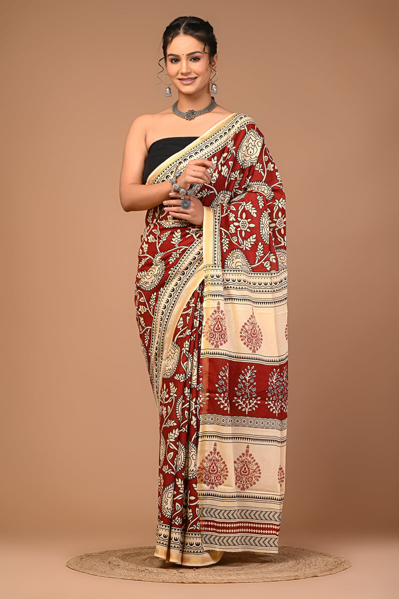 Lovwear Maroon & Cream Multi Floral Cotton MulMul Saree with Zari Border - Pallu & Border Detail View