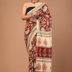 Lovwear Maroon & Cream Multi Floral Cotton MulMul Saree with Zari Border - Pallu & Border Detail View