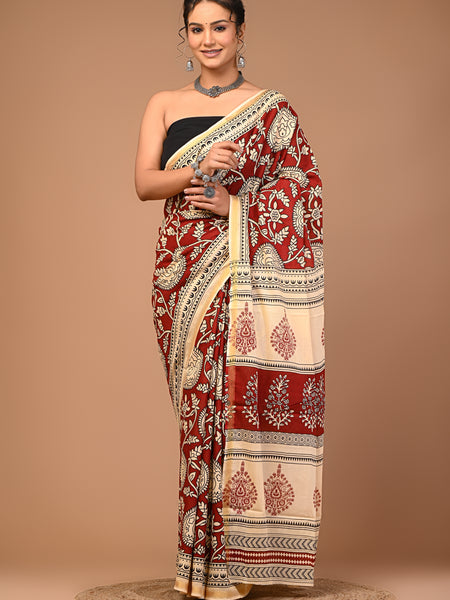 Lovwear Maroon & Cream Multi Floral Cotton MulMul Saree with Zari Border - Pallu & Border Detail View