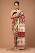 Lovwear Maroon & Cream Multi Floral Cotton MulMul Saree with Zari Border