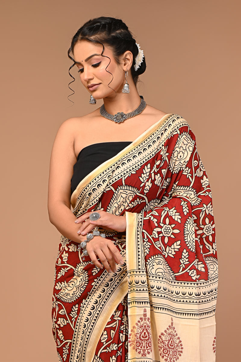 Lovwear Maroon & Cream Multi Floral Cotton MulMul Saree with Zari Border - Fabric Texture View
