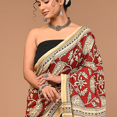 Lovwear Maroon & Cream Multi Floral Cotton MulMul Saree with Zari Border - Fabric Texture View