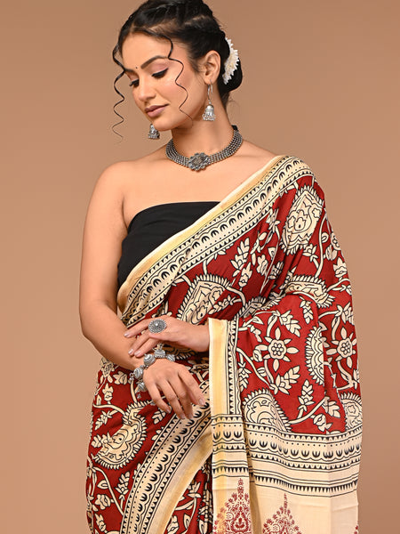 Lovwear Maroon & Cream Multi Floral Cotton MulMul Saree with Zari Border - Fabric Texture View