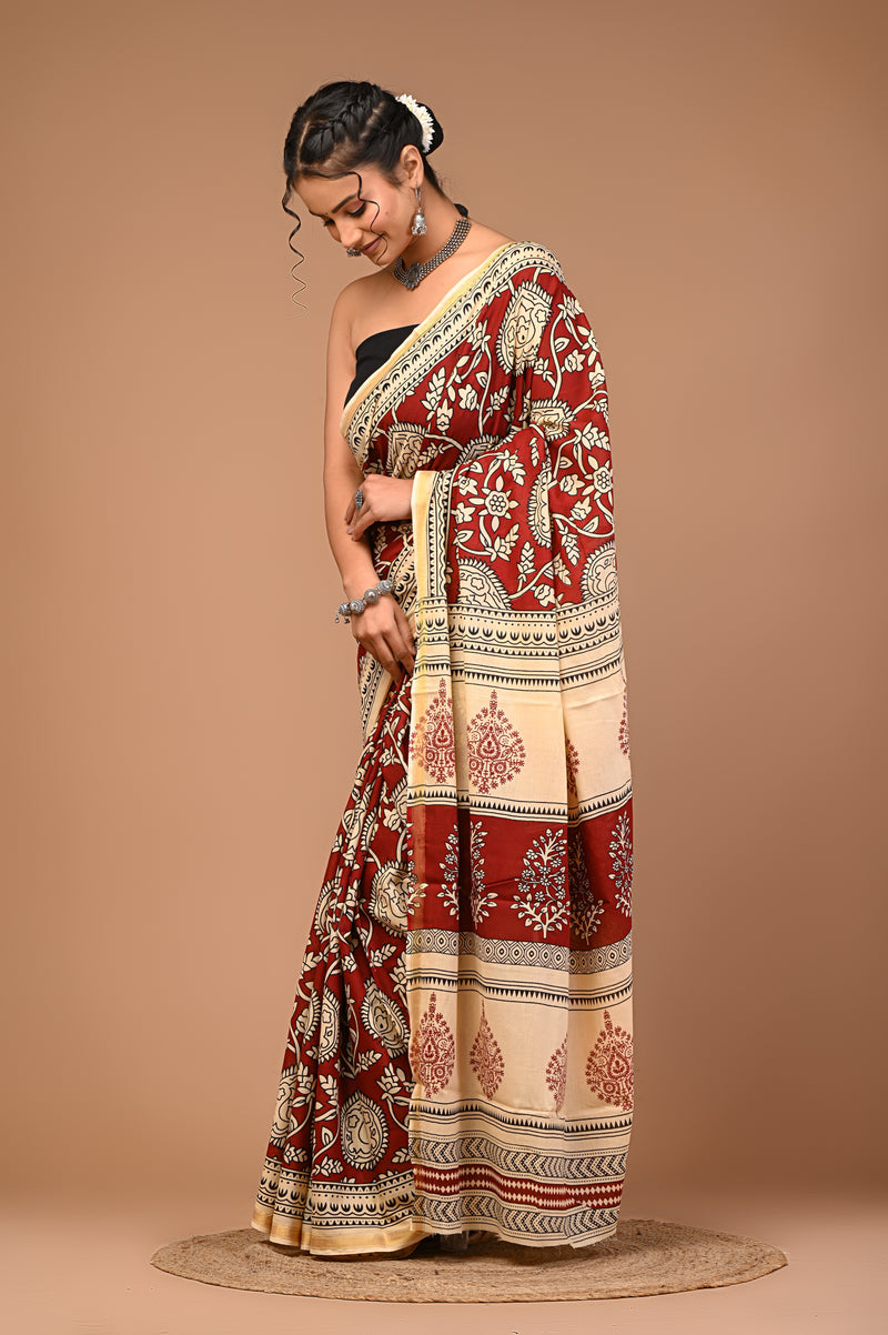 Lovwear Maroon & Cream Multi Floral Cotton MulMul Saree with Zari Border - Pleats & Full Length View