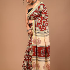Lovwear Maroon & Cream Multi Floral Cotton MulMul Saree with Zari Border - Pleats & Full Length View