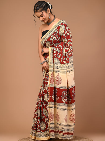 Lovwear Maroon & Cream Multi Floral Cotton MulMul Saree with Zari Border - Pleats & Full Length View