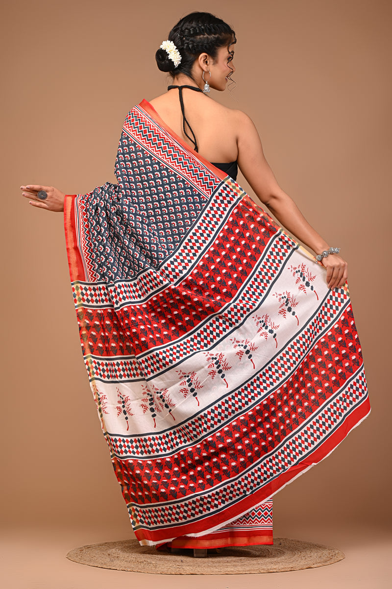 Lovwear Grey Classic Booti Cotton MulMul Saree with Zari Border - Front View