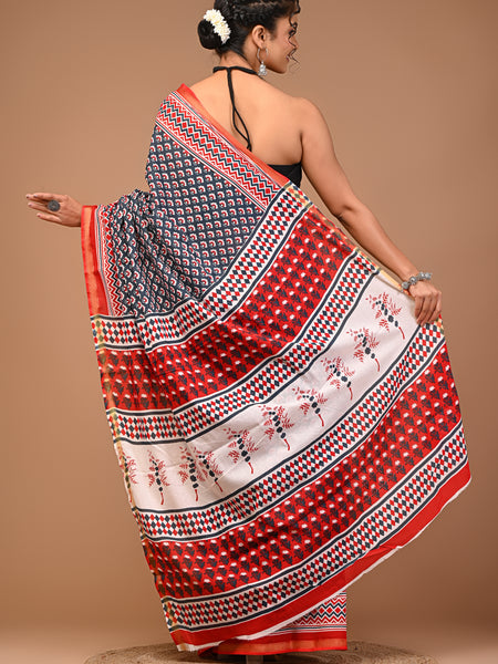 Lovwear Grey Classic Booti Cotton MulMul Saree with Zari Border - Front View