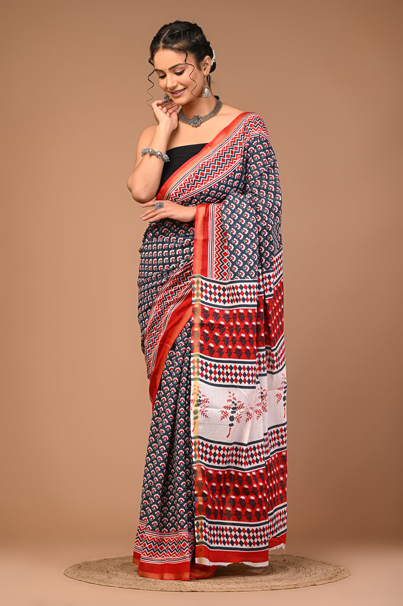 Lovwear Grey Classic Booti Cotton MulMul Saree with Zari Border - Fabric Texture View