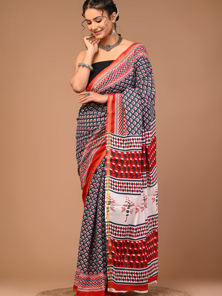 Lovwear Grey Classic Booti Cotton MulMul Saree with Zari Border - Fabric Texture View