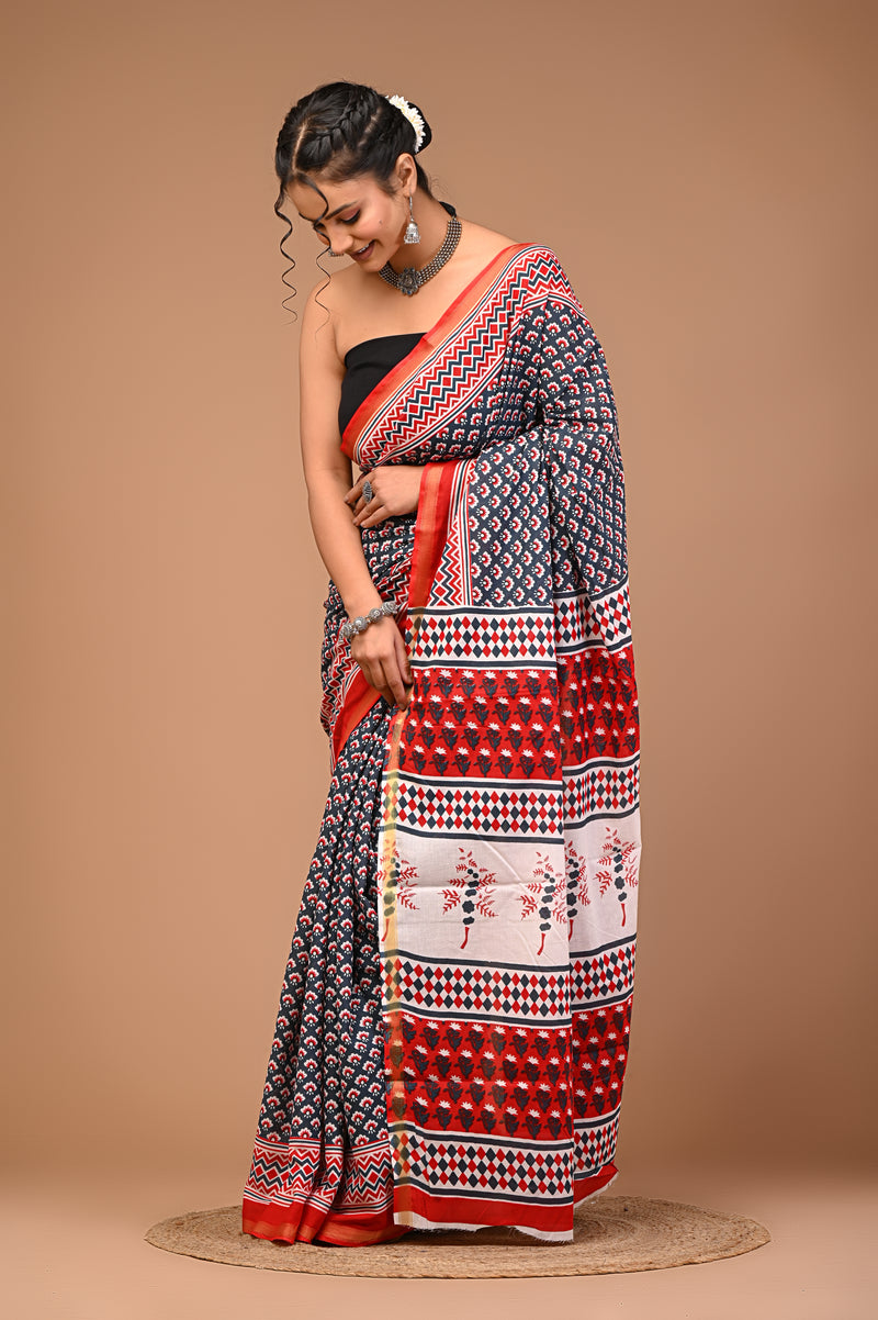 Lovwear Grey Classic Booti Cotton MulMul Saree with Zari Border - Pleats & Full Length View
