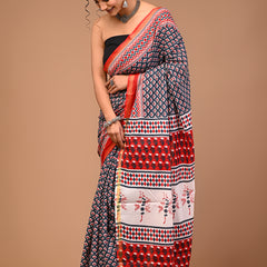 Lovwear Grey Classic Booti Cotton MulMul Saree with Zari Border - Pleats & Full Length View