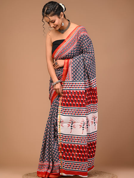 Lovwear Grey Classic Booti Cotton MulMul Saree with Zari Border - Pleats & Full Length View