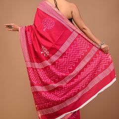 Lovwear Pink White Tree Cotton MulMul Saree with Zari Border - Front View