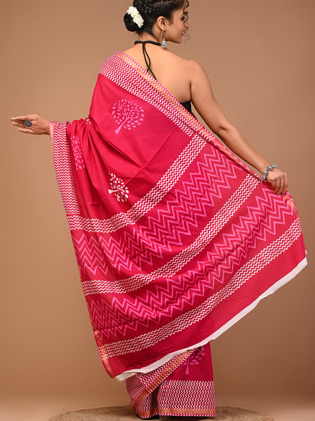 Lovwear Pink White Tree Cotton MulMul Saree with Zari Border - Front View
